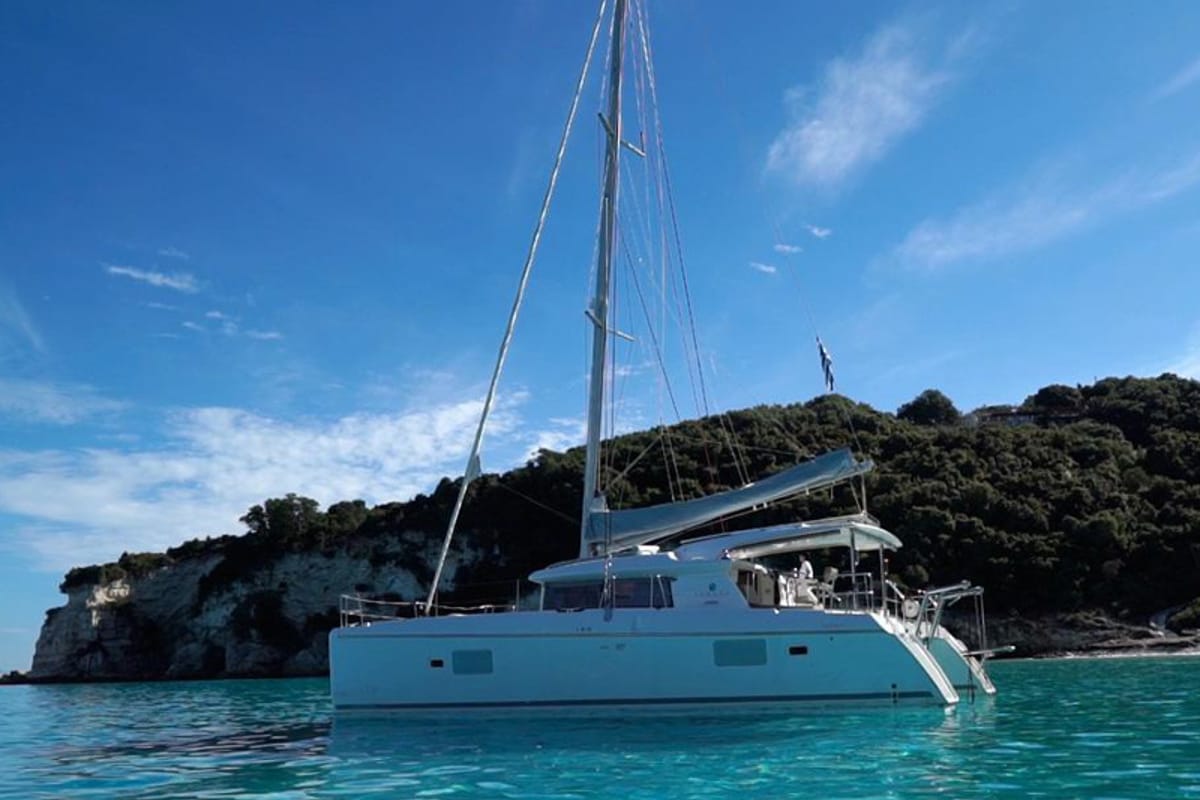 Exterior view of Nirvana, a Lagoon 421 catamaran at Municipal Unit of Lefkada, Greece