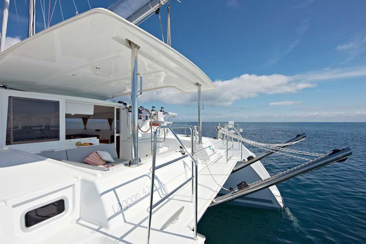 Deck of Nirvana, a Lagoon 421 catamaran at Municipal Unit of Lefkada, Greece
