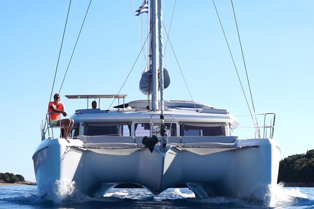 Exterior view of Nirvana, a Lagoon 421 catamaran at Municipal Unit of Lefkada, Greece