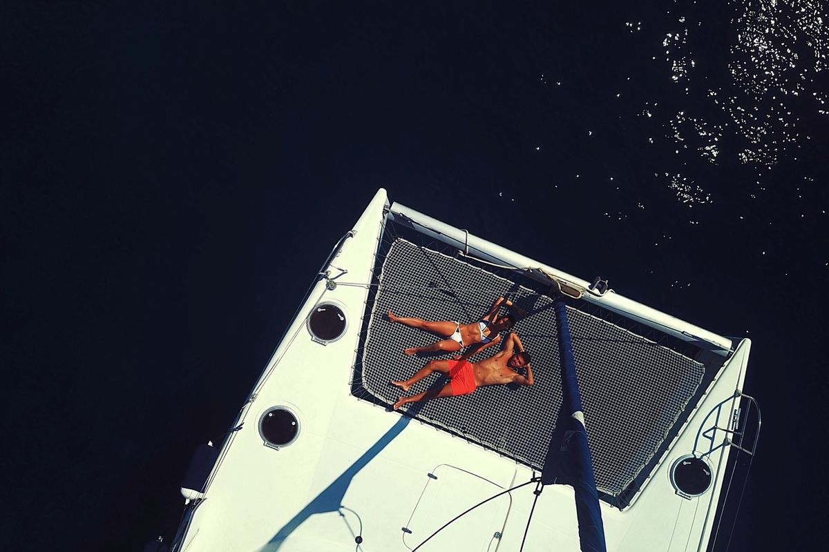Deck of Victoria, a Fountaine Pajot Lavezzi 40 catamaran at Sithonia Municipal Unit, Greece