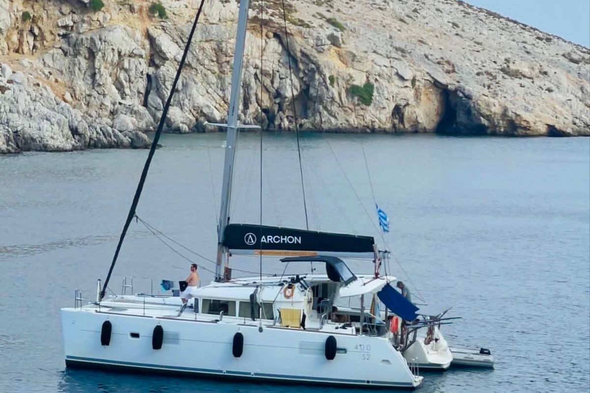 Exterior view of Utopia, a Lagoon 400 S2 catamaran at Municipal Unit of Rhodes, Greece