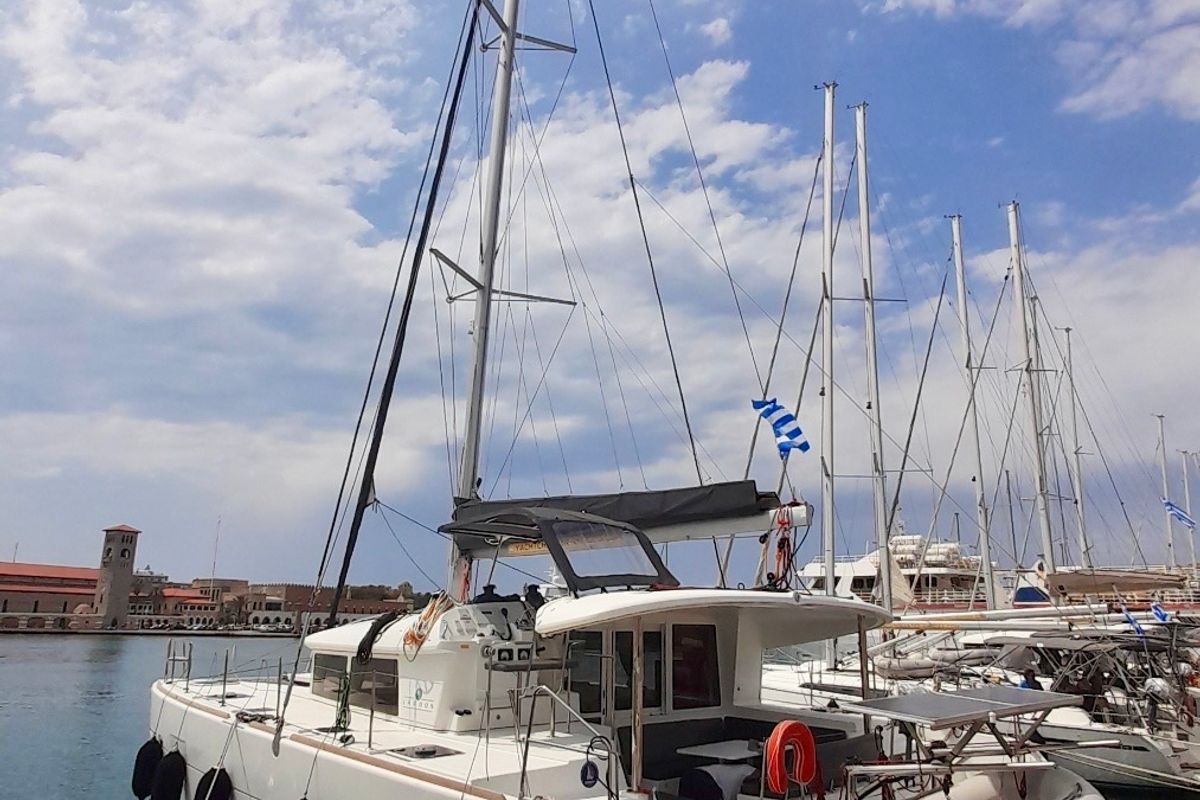 Exterior view of Utopia, a Lagoon 400 S2 catamaran at Municipal Unit of Rhodes, Greece