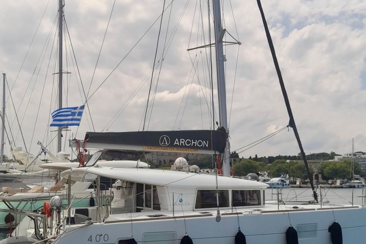 Exterior view of Utopia, a Lagoon 400 S2 catamaran at Municipal Unit of Rhodes, Greece