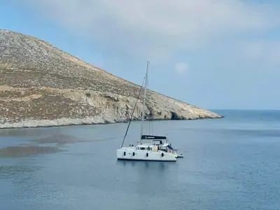 Exterior view of Utopia, a Lagoon 400 S2 catamaran at Municipal Unit of Rhodes, Greece