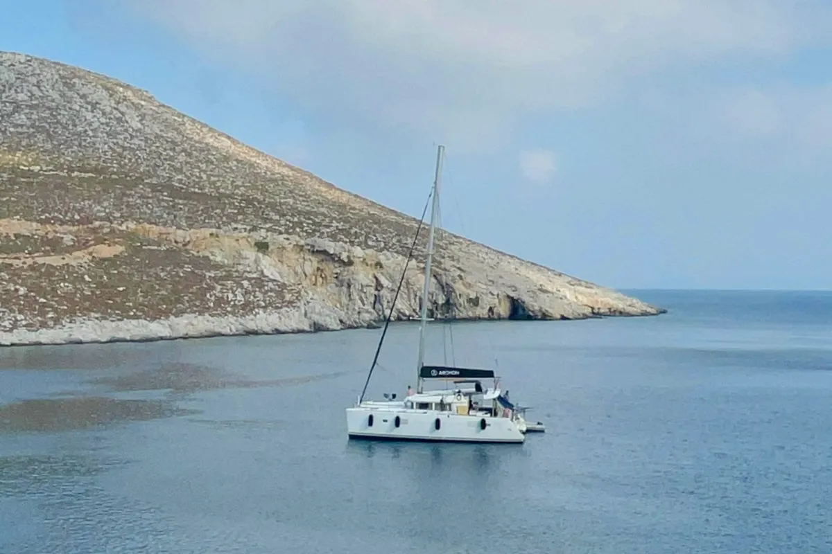 Exterior view of Utopia, a Lagoon 400 S2 catamaran at Municipal Unit of Rhodes, Greece
