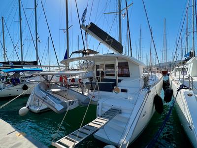 Exterior view of Utopia, a Lagoon 400 S2 catamaran at Municipal Unit of Rhodes, Greece