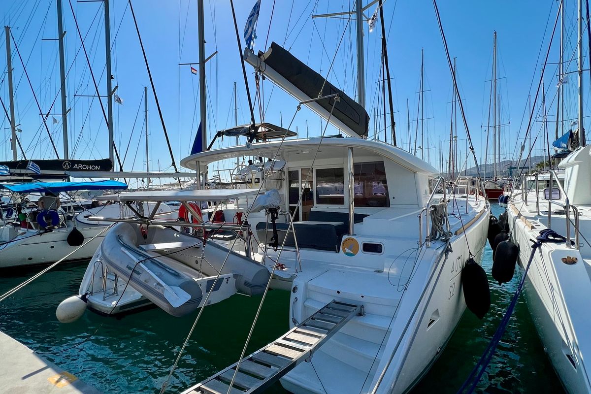 Exterior view of Utopia, a Lagoon 400 S2 catamaran at Municipal Unit of Rhodes, Greece