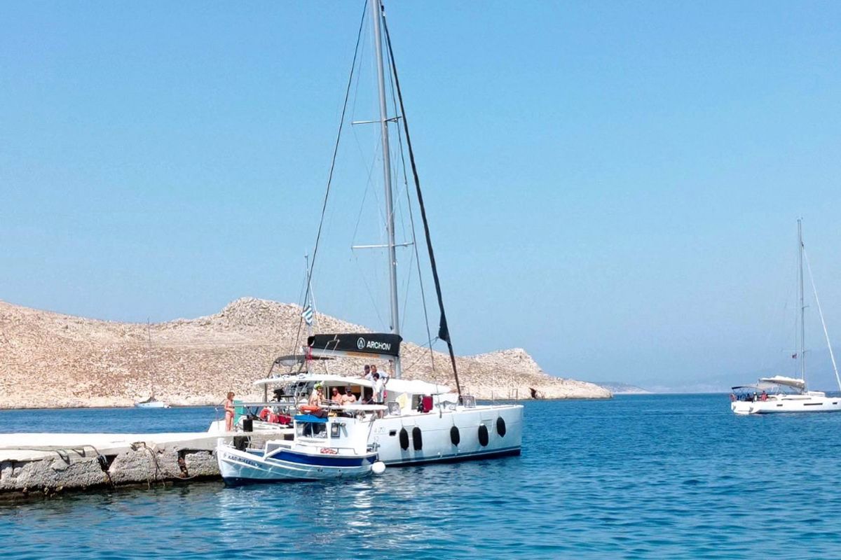 Exterior view of Utopia, a Lagoon 400 S2 catamaran at Municipal Unit of Rhodes, Greece