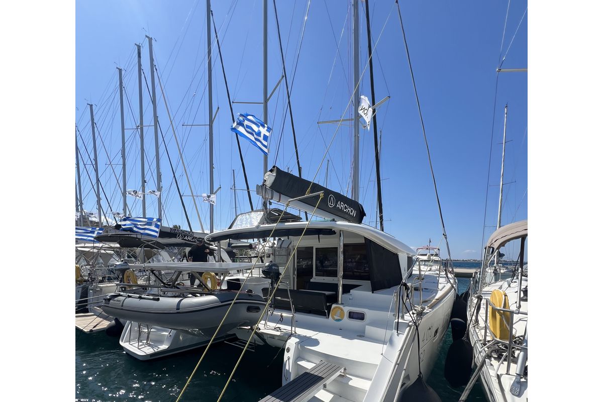 Exterior view of Utopia, a Lagoon 400 S2 catamaran at Municipal Unit of Rhodes, Greece