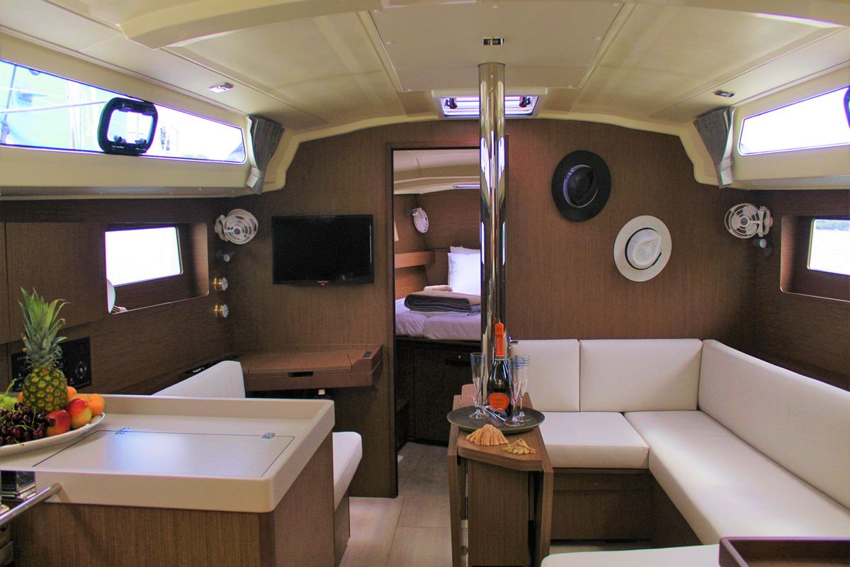 Salon of Diamanti II, a Beneteau Oceanis 41.1 sailboat at Skiathos, Greece