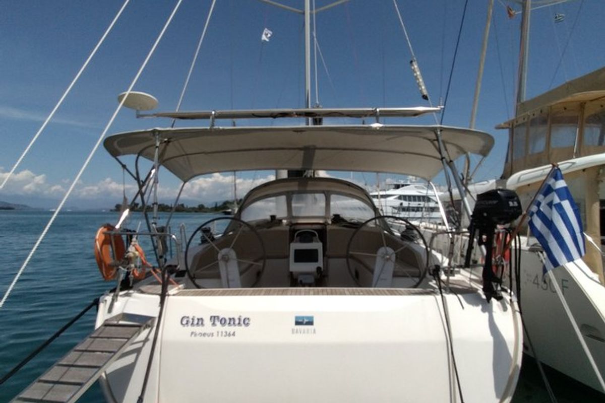 Cockpit of Gin Tonic, a Bavaria 51 Cruiser sailboat at Kontokali, Greece