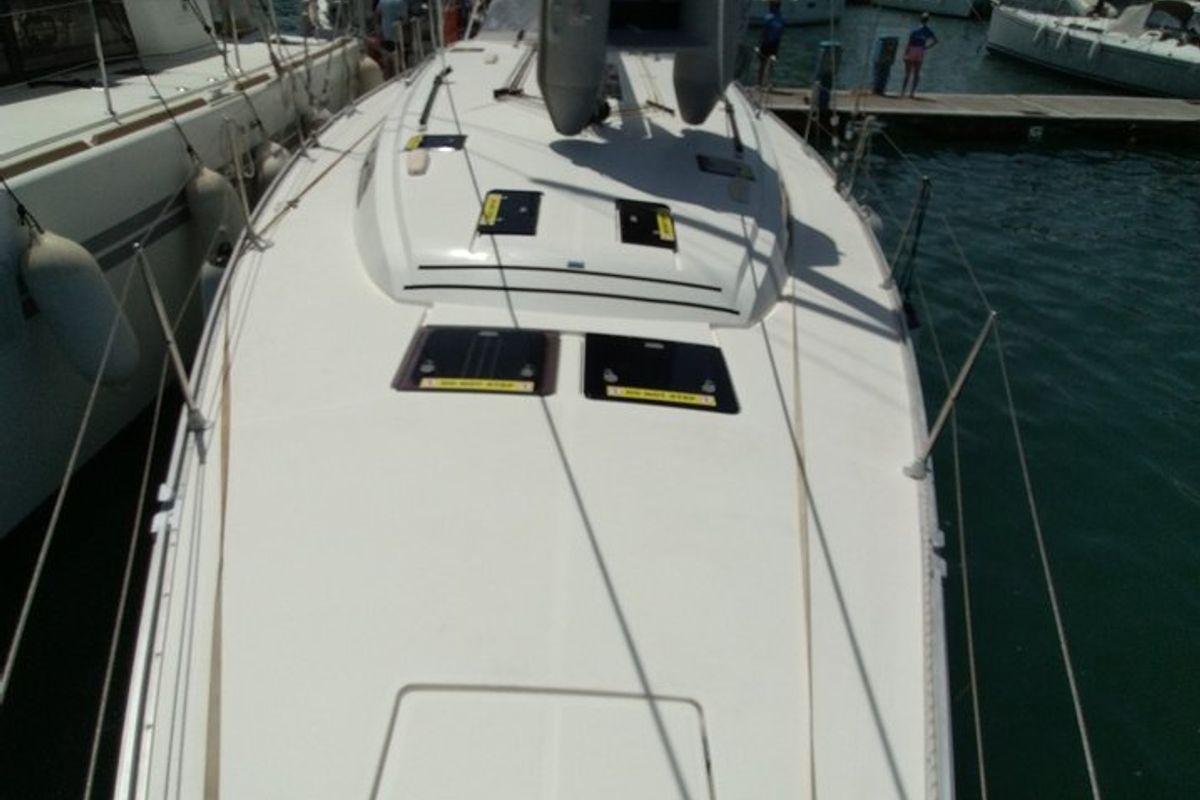 Deck of Gin Tonic, a Bavaria 51 Cruiser sailboat at Kontokali, Greece