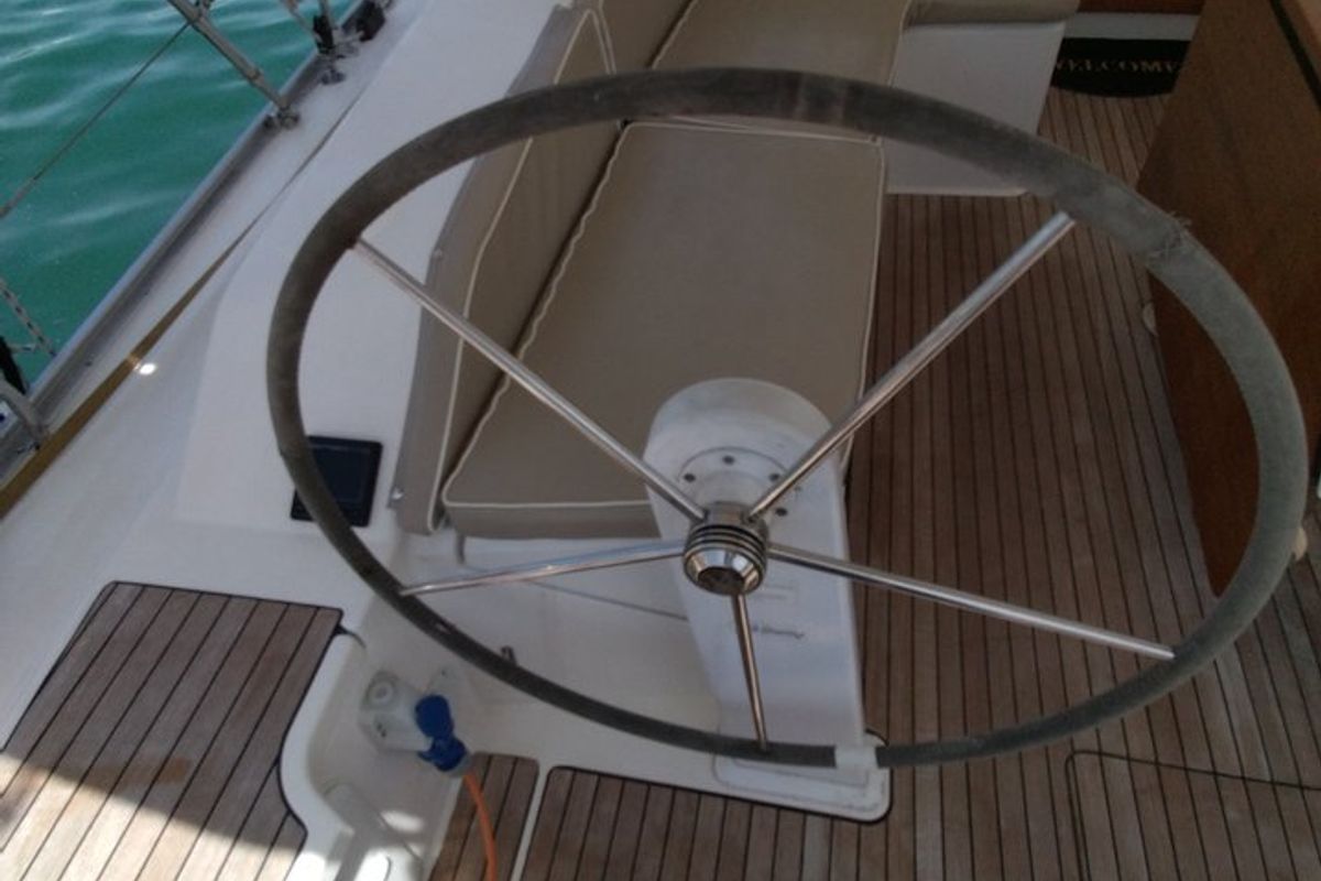 Cockpit of Gin Tonic, a Bavaria 51 Cruiser sailboat at Kontokali, Greece