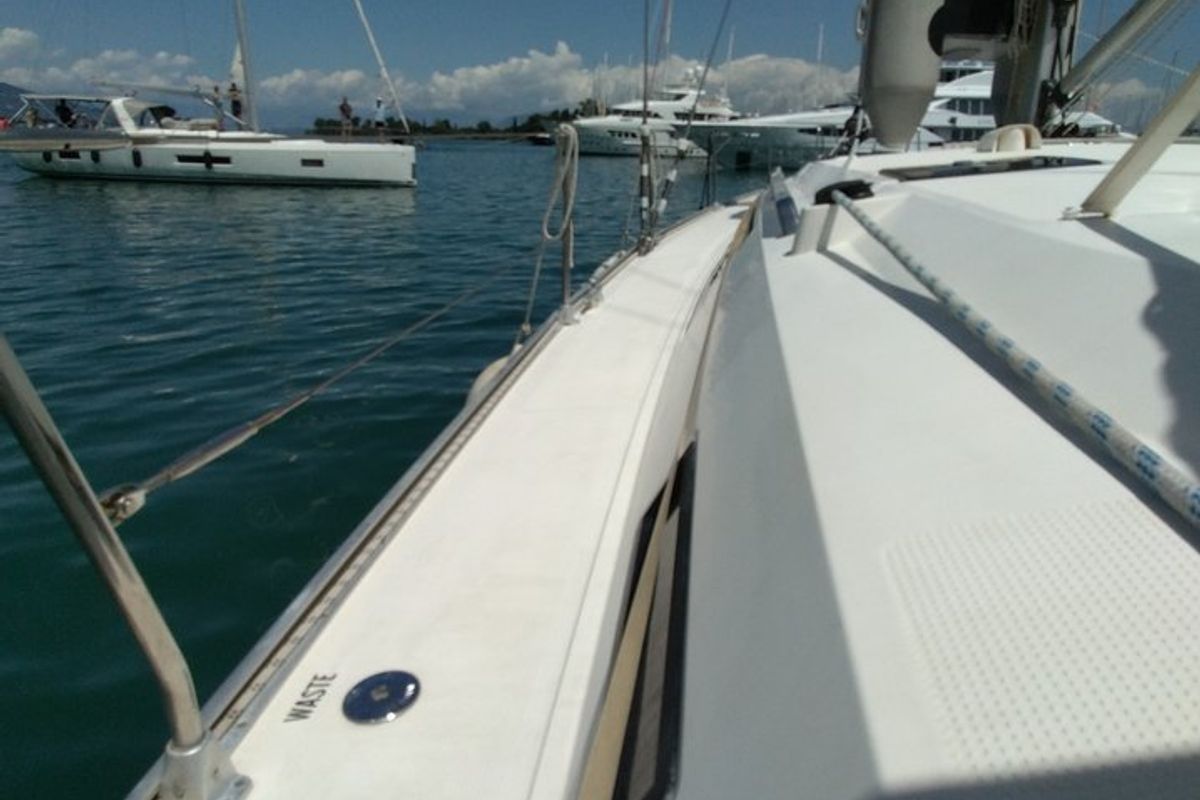 Deck of Gin Tonic, a Bavaria 51 Cruiser sailboat at Kontokali, Greece