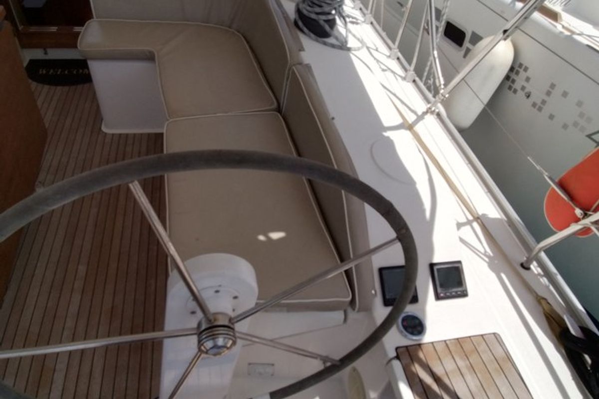 Cockpit of Gin Tonic, a Bavaria 51 Cruiser sailboat at Kontokali, Greece