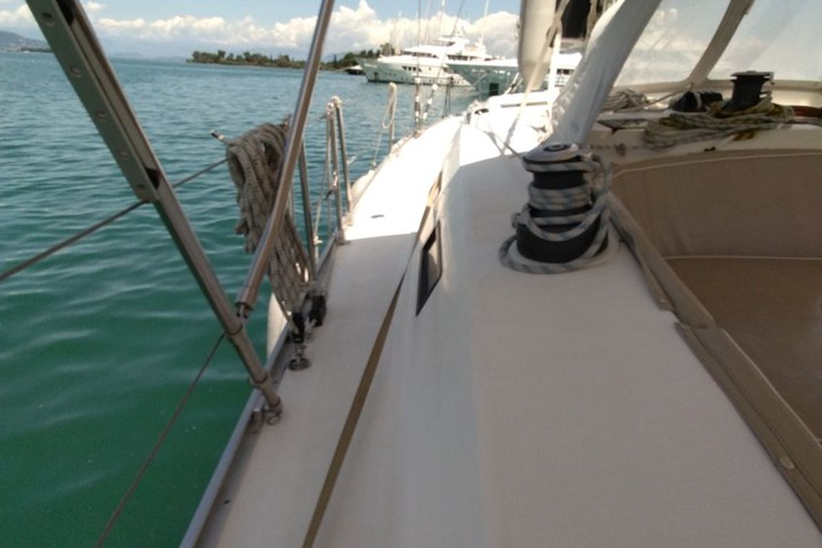 Deck of Gin Tonic, a Bavaria 51 Cruiser sailboat at Kontokali, Greece