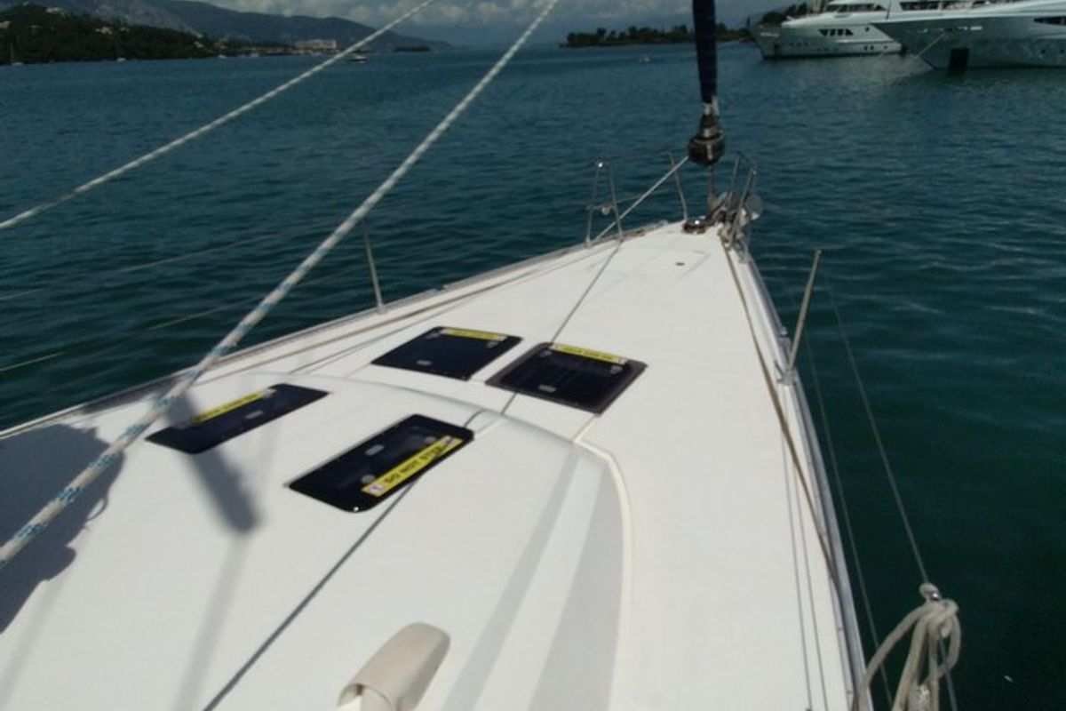 Deck of Gin Tonic, a Bavaria 51 Cruiser sailboat at Kontokali, Greece