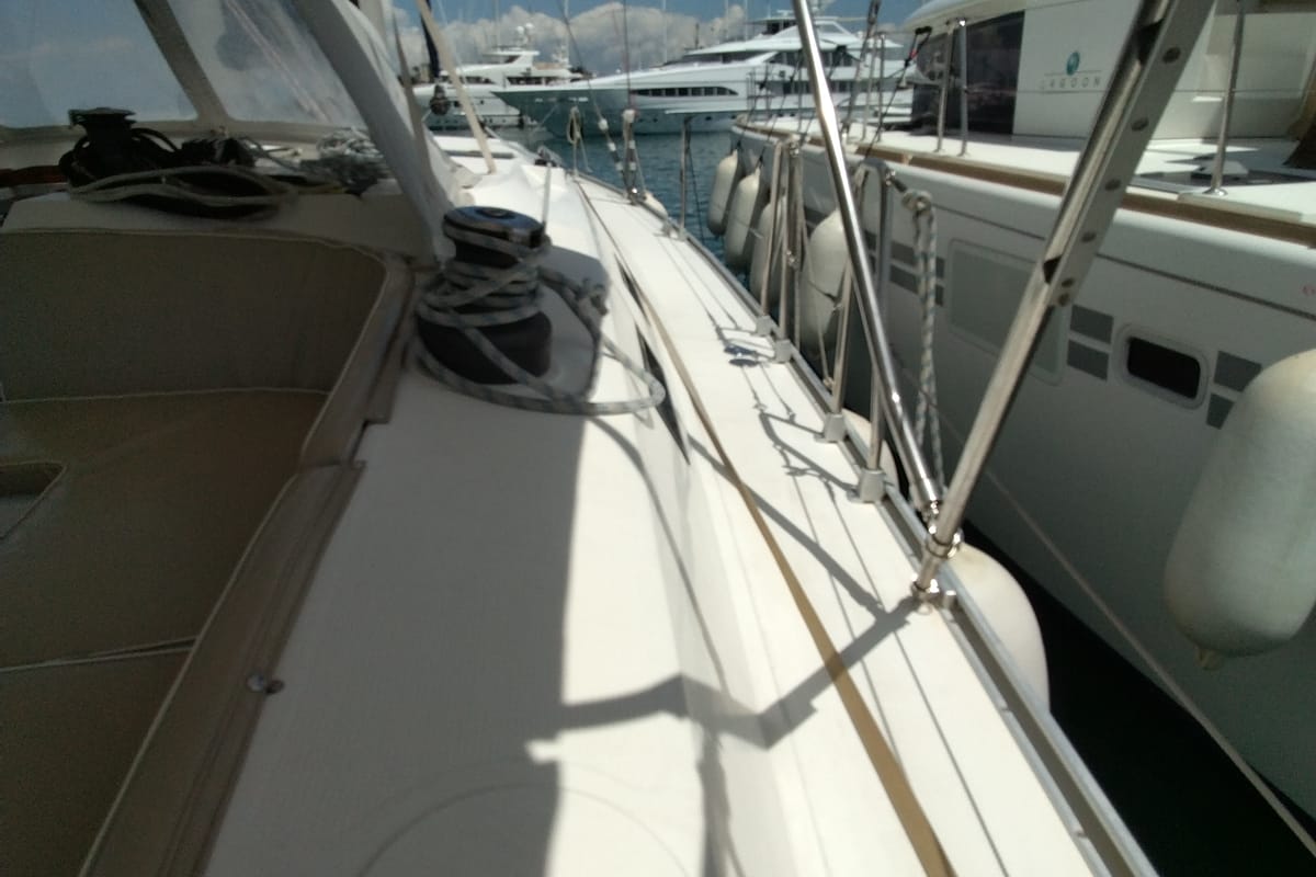 Deck of Gin Tonic, a Bavaria 51 Cruiser sailboat at Kontokali, Greece
