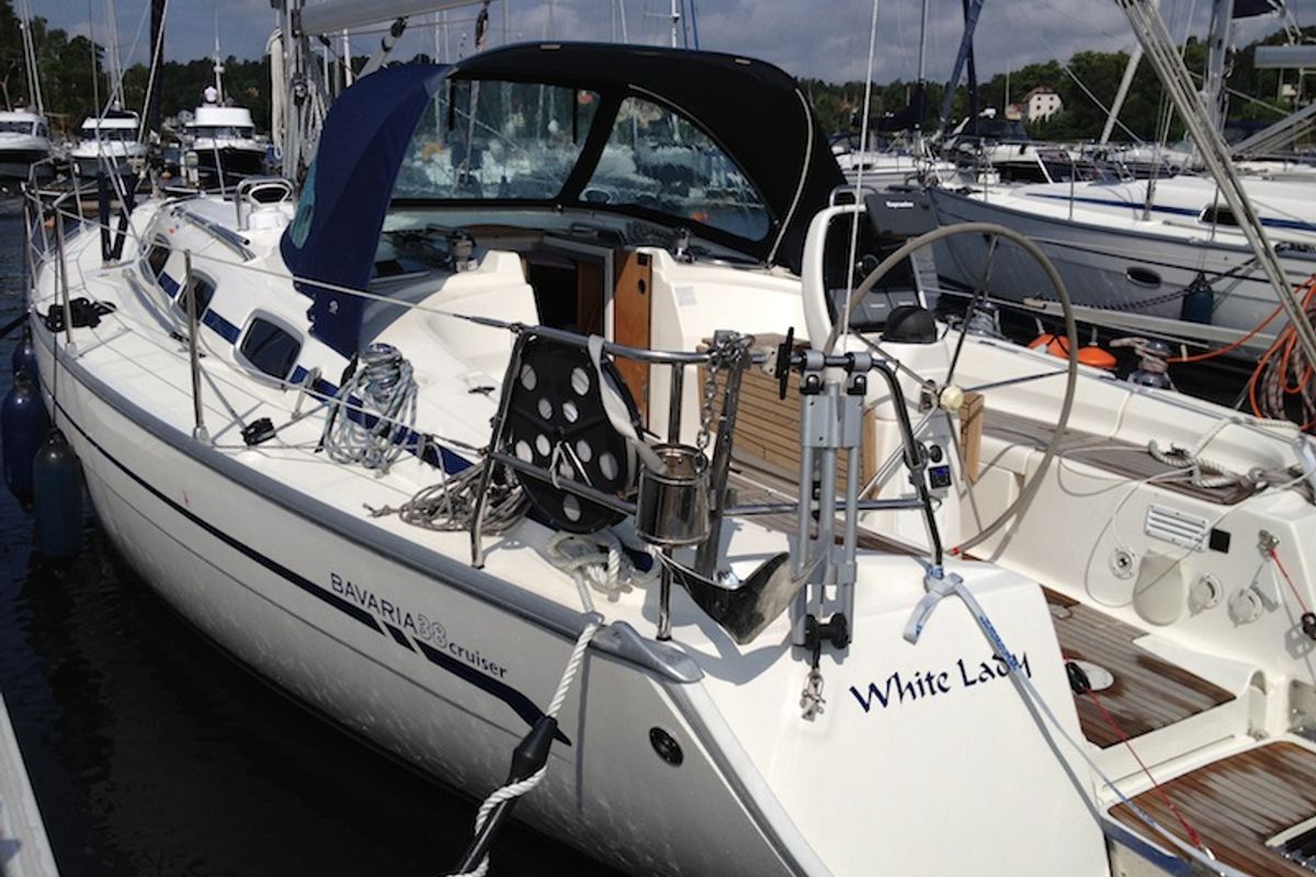 Exterior view of White Lady, a Bavaria 38 Cruiser sailboat at Fisksätra, Sweden
