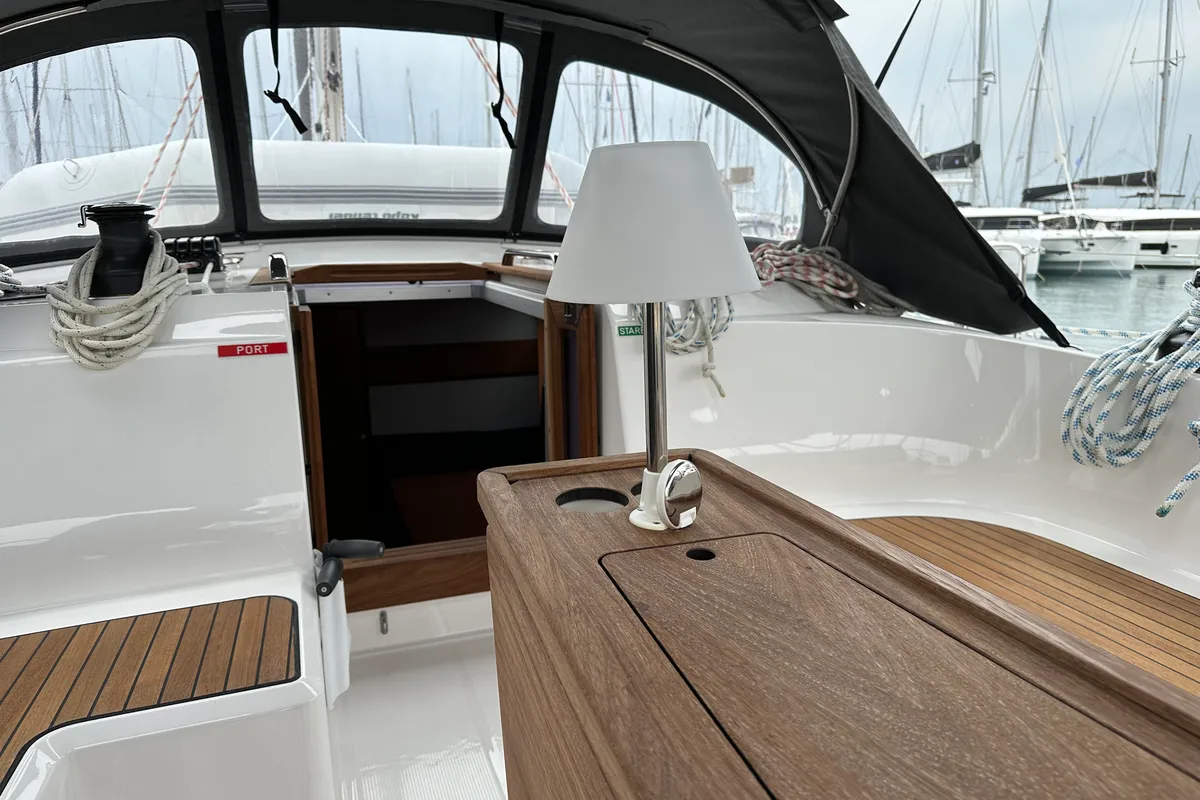 Deck of Nefeli, a Bavaria Cruiser 46 Style sailboat at Athens, Greece