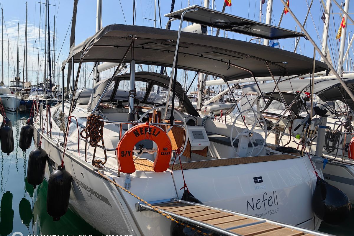 Exterior view of Nefeli, a Bavaria Cruiser 46 Style sailboat at Athens, Greece