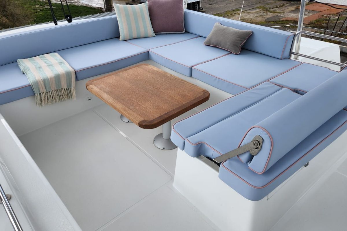 Deck of Deb Elli, a Lagoon 51 catamaran at Sant Antoni de Portmany, Spain