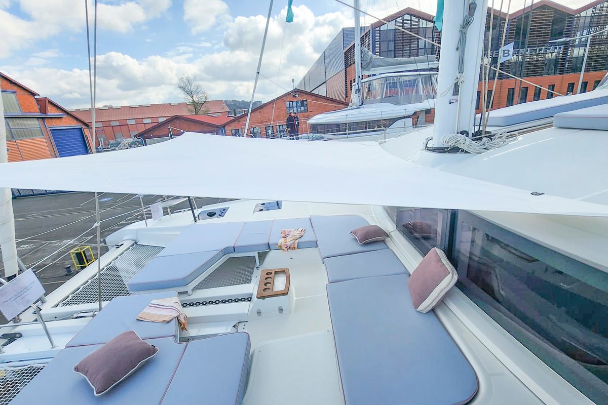 Deck of Deb Elli, a Lagoon 51 catamaran at Sant Antoni de Portmany, Spain