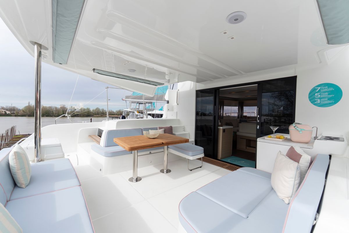 Deck of Deb Elli, a Lagoon 51 catamaran at Sant Antoni de Portmany, Spain