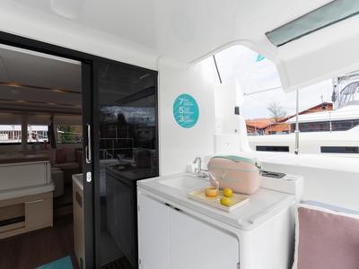 Galley of Deb Elli, a Lagoon 51 catamaran at Sant Antoni de Portmany, Spain