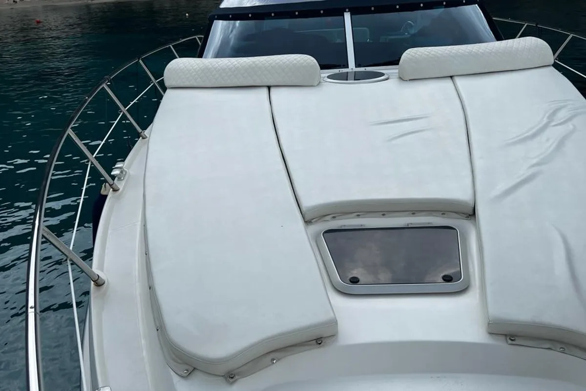 Deck of Elaine, a Sealine S38 motorboat at Athens, Greece
