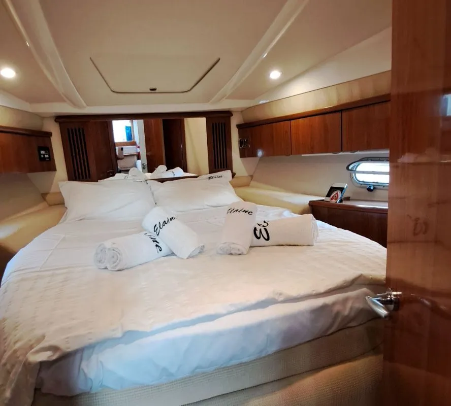 Cabin on Elaine, a Sealine S38 motorboat at Athens, Greece