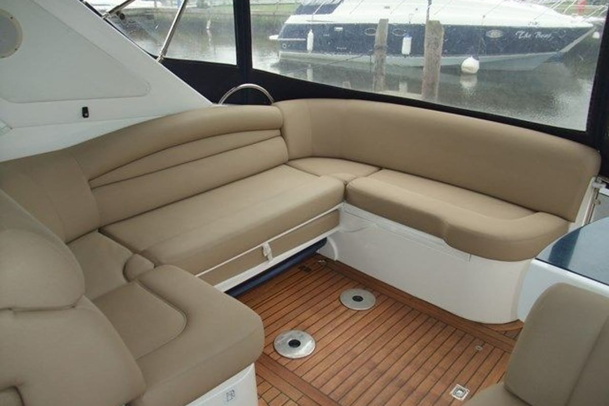 Deck of Elaine, a Sealine S38 motorboat at Athens, Greece