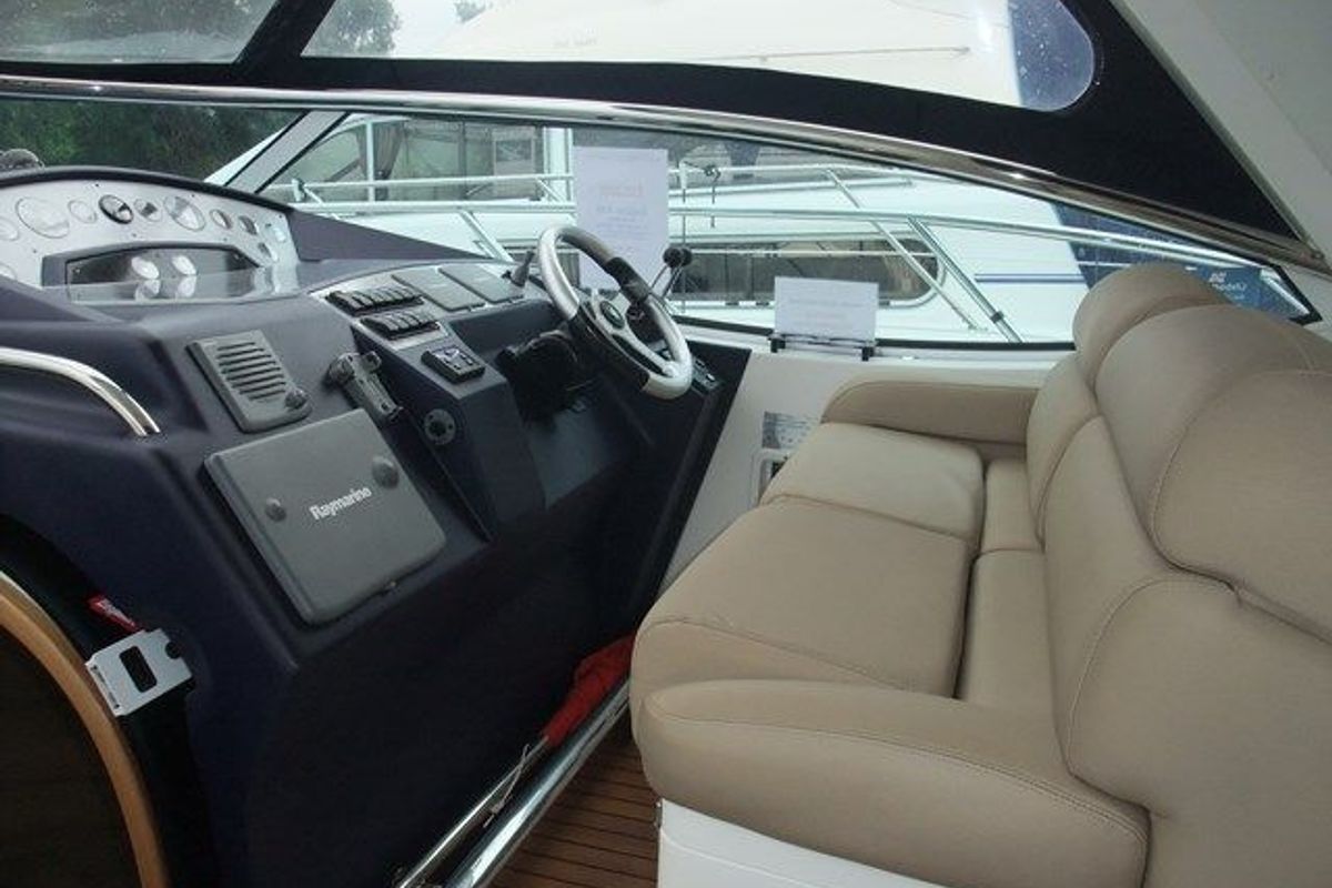 Cockpit of Elaine, a Sealine S38 motorboat at Athens, Greece