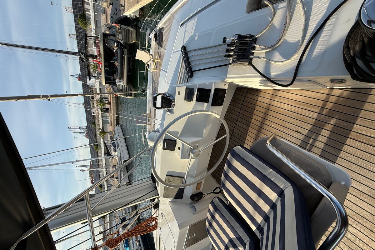 Cockpit of Blue Lagoon, a Bali 5.4 catamaran at Valencia, Spain