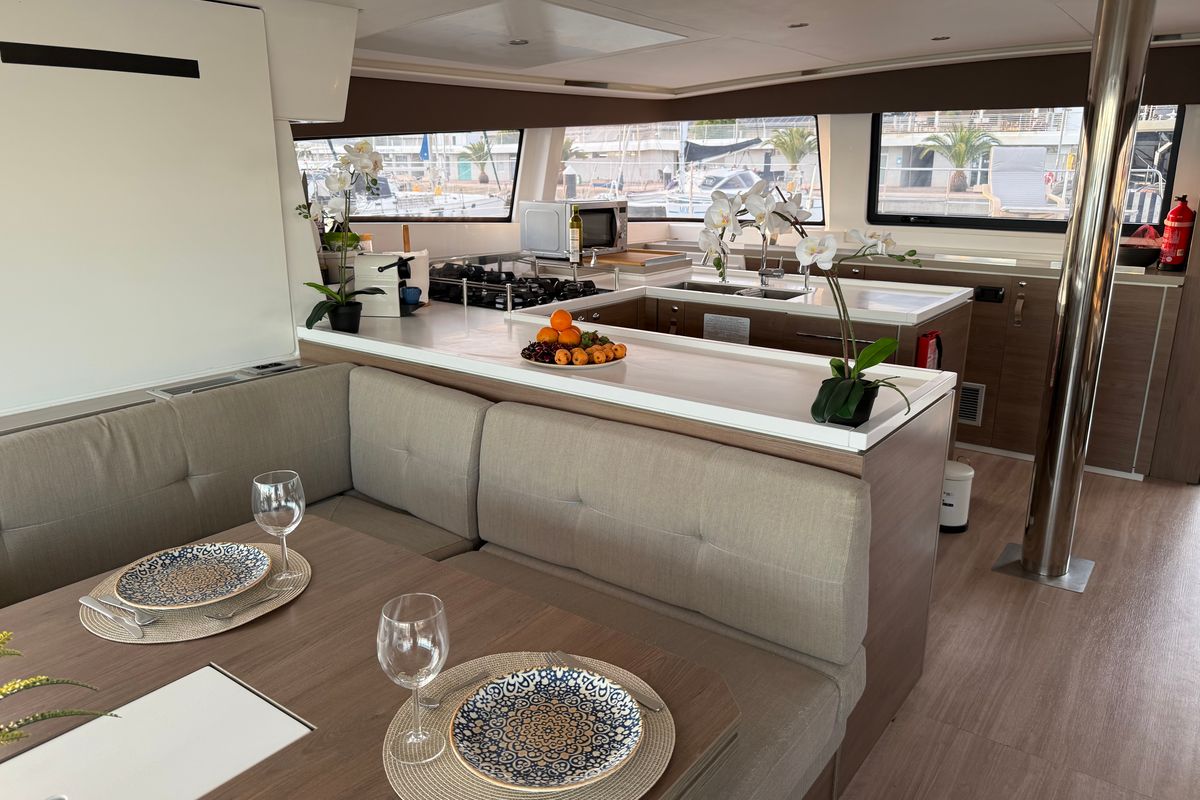 Galley of Blue Lagoon, a Bali 5.4 catamaran at Valencia, Spain