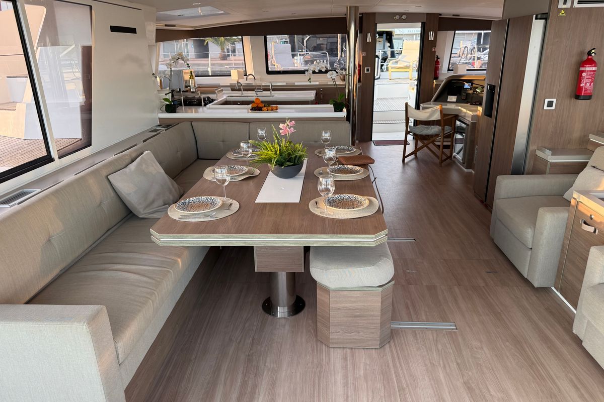 Salon of Blue Lagoon, a Bali 5.4 catamaran at Valencia, Spain