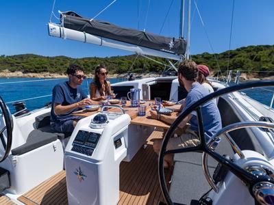 Exterior view of Tizon, a Jeanneau Sun Odyssey 415 sailboat at es Jonquet, Spain