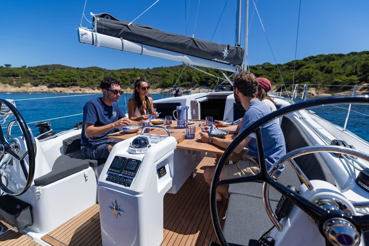 Exterior view of Tizon, a Jeanneau Sun Odyssey 415 sailboat at es Jonquet, Spain