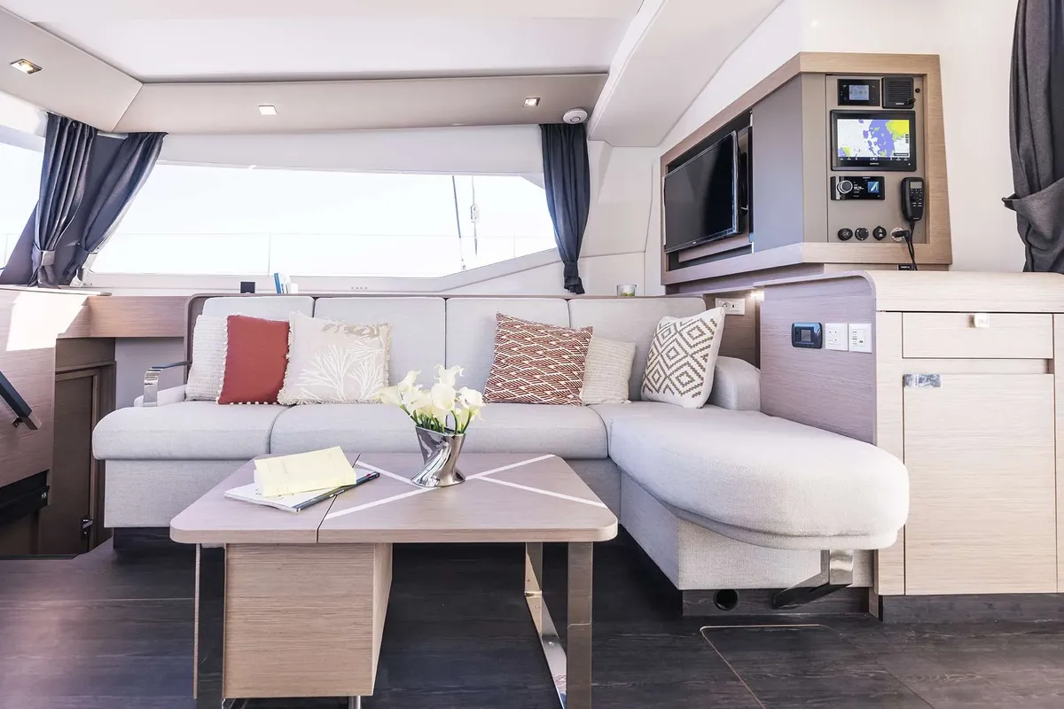 Salon of The Big Leboatski, a Fountaine Pajot Aura 51 catamaran at Belize City, Belize