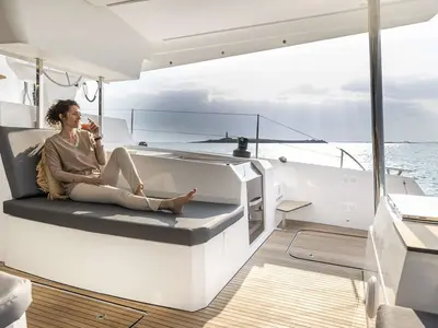 Deck of The Big Leboatski, a Fountaine Pajot Aura 51 catamaran at Belize City, Belize