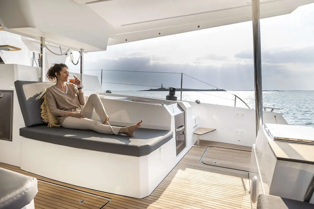 Deck of The Big Leboatski, a Fountaine Pajot Aura 51 catamaran at Belize City, Belize