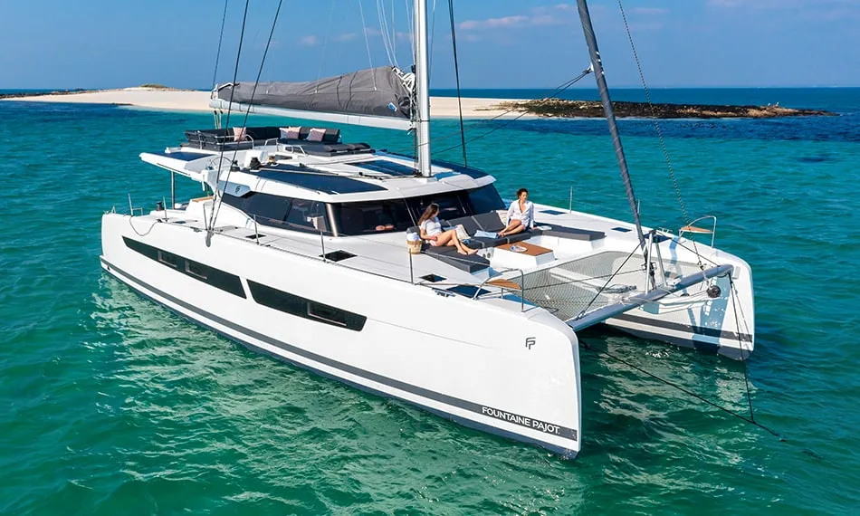 Exterior view of The Big Leboatski, a Fountaine Pajot Aura 51 catamaran at Belize City, Belize