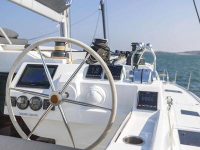 Cockpit of The Big Leboatski, a Fountaine Pajot Aura 51 catamaran at Belize City, Belize