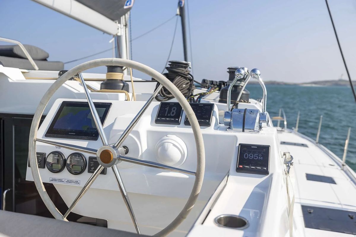 Cockpit of The Big Leboatski, a Fountaine Pajot Aura 51 catamaran at Belize City, Belize