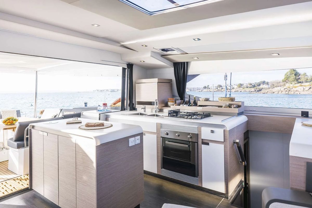 Galley of The Big Leboatski, a Fountaine Pajot Aura 51 catamaran at Belize City, Belize