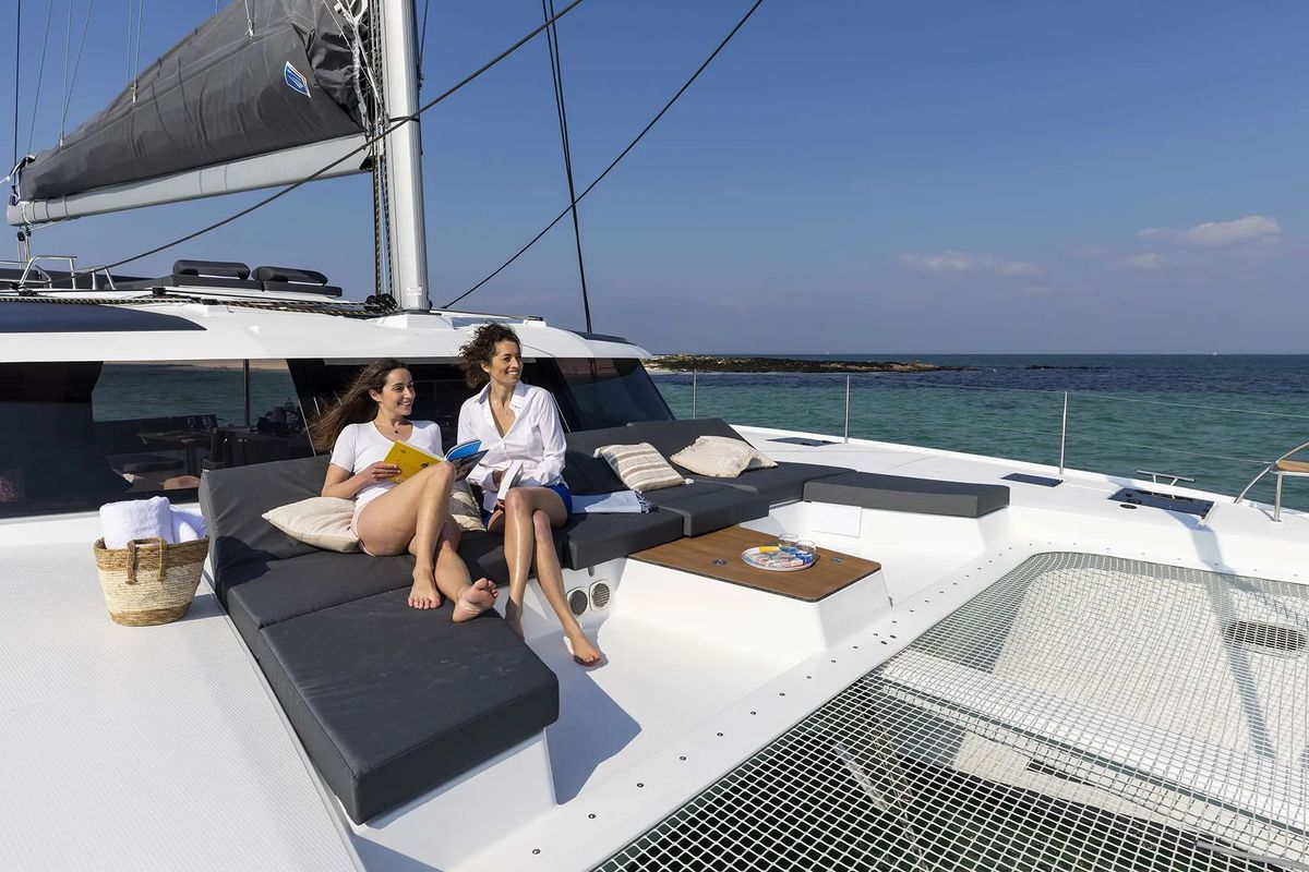 Deck of The Big Leboatski, a Fountaine Pajot Aura 51 catamaran at Belize City, Belize