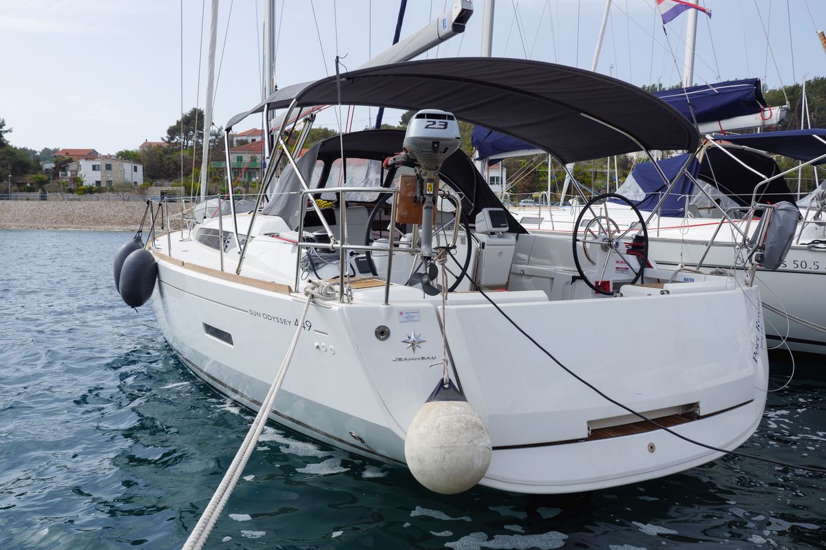 Exterior view of Port Royal, a Jeanneau Sun Odyssey 449 sailboat at Rogač, Croatia