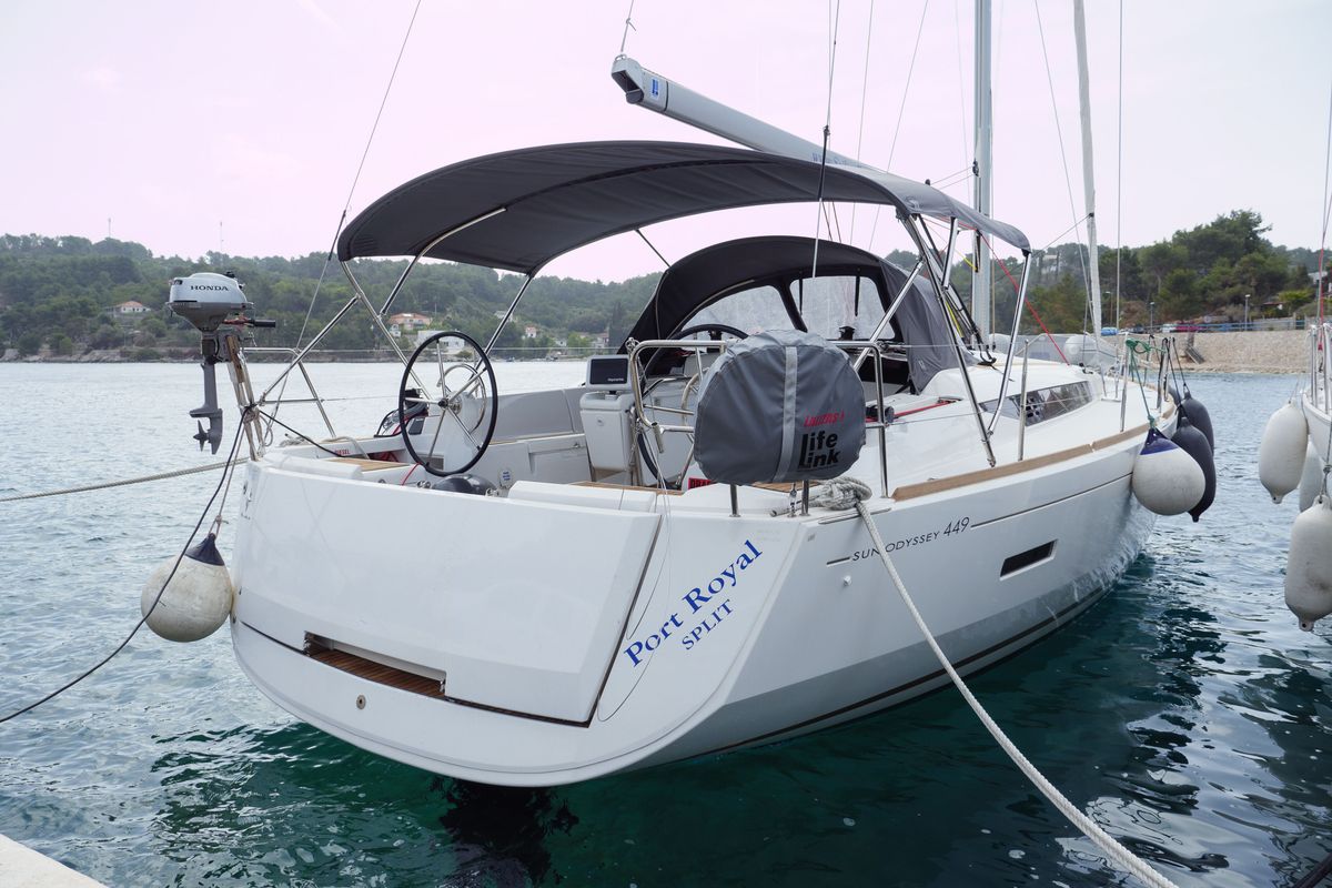 Exterior view of Port Royal, a Jeanneau Sun Odyssey 449 sailboat at Rogač, Croatia
