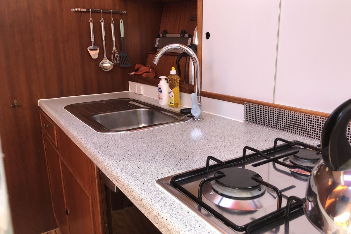 Galley of Lucida, a Gulet Merenpoort 1100s motorboat at Heukelum, Netherlands