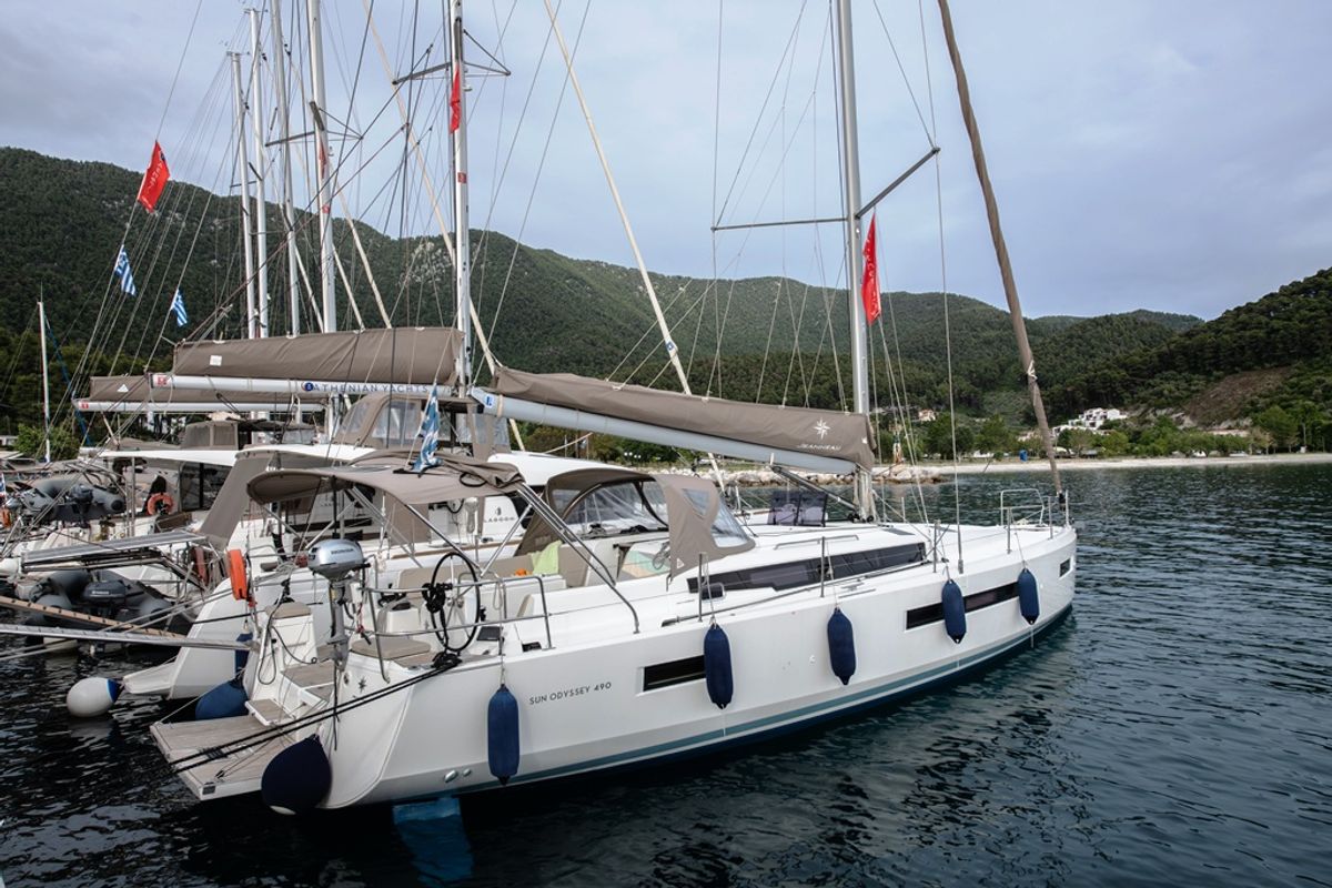 Exterior view of Lara, a Jeanneau Sun Odyssey 490 sailboat at Neo Klima, Greece